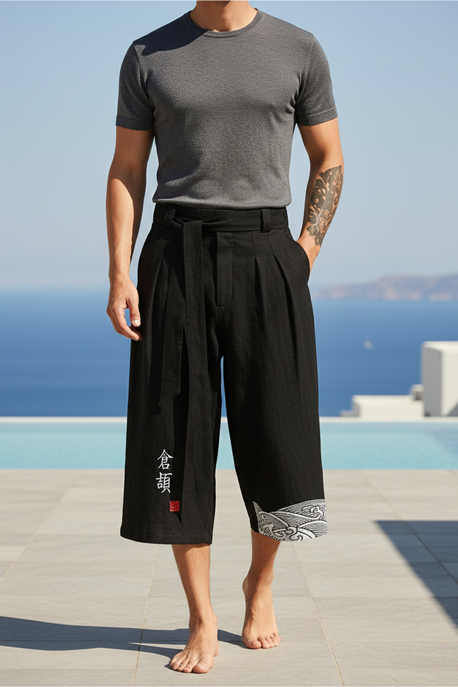 Pantalon En Lin Noir Ample Japonais Décontracté Homme