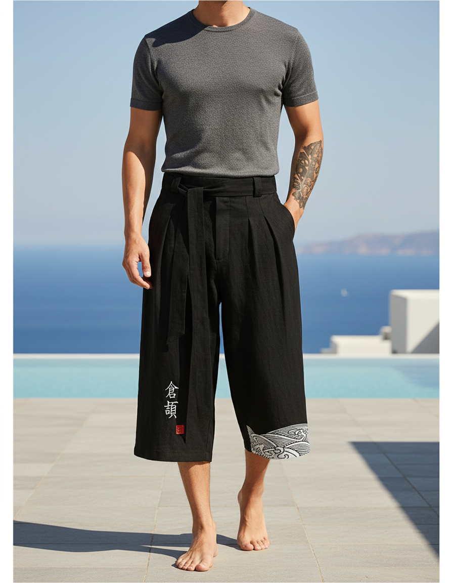 Pantalon En Lin Noir Ample Japonais Décontracté Homme