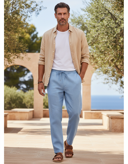 Pantalon En Lin Homme Bleu Ciel Décontracté Cordon Léger