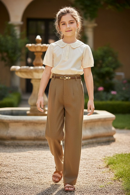 Pantalon En Lin Marron Ample Droit Enfant Élégant