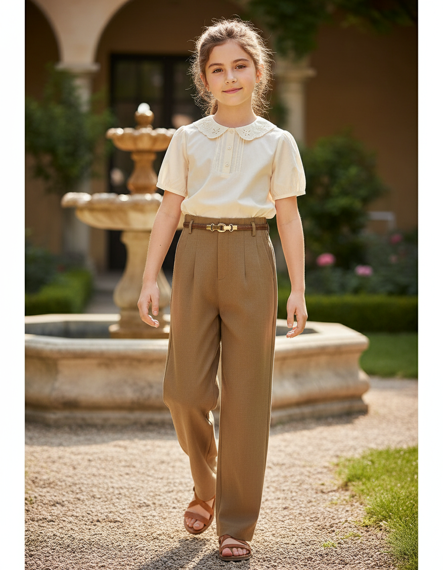 Pantalon En Lin Marron Ample Droit Enfant Élégant