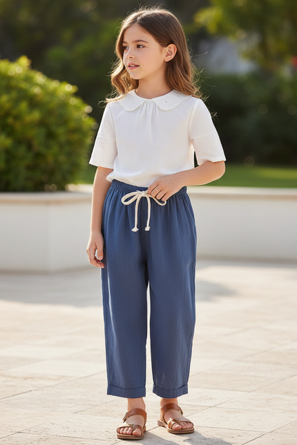 Pantalon En Lin Bleu Ample Décontracté Cordon Enfant