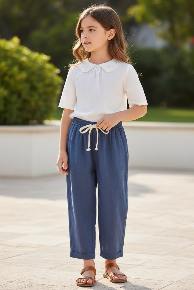 Pantalon En Lin Bleu Ample Décontracté Cordon Enfant