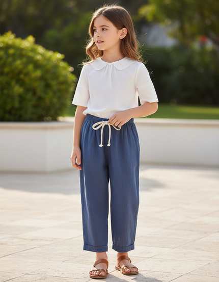 Pantalon En Lin Bleu Ample Décontracté Cordon Enfant