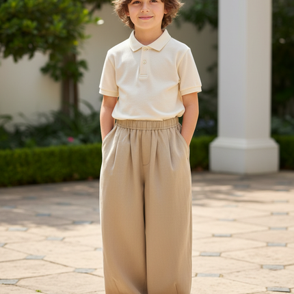 Pantalon En Lin Beige Ample Enfant Décontracté Fluide