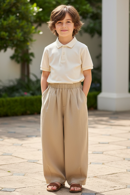 Pantalon En Lin Beige Ample Enfant Décontracté Fluide