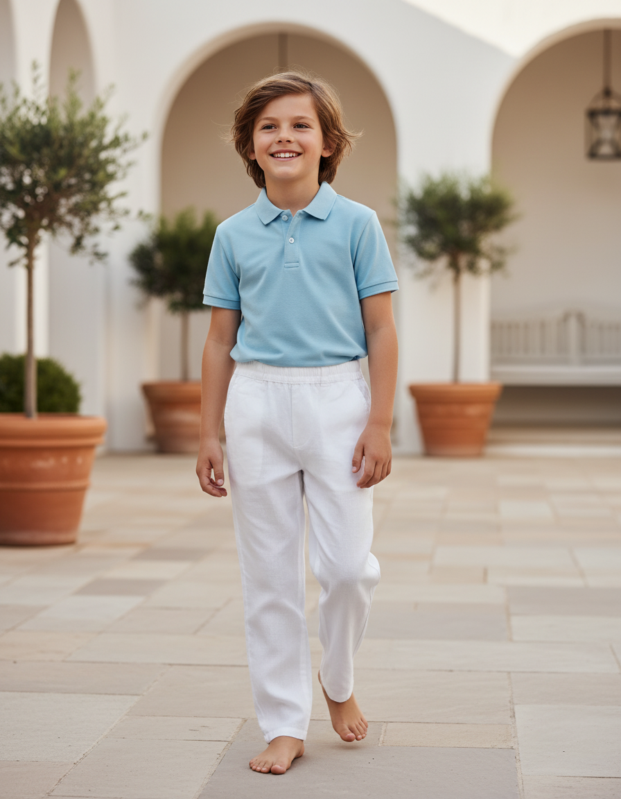 Pantalon En Lin Blanc Ample Léger Cordon Garçon