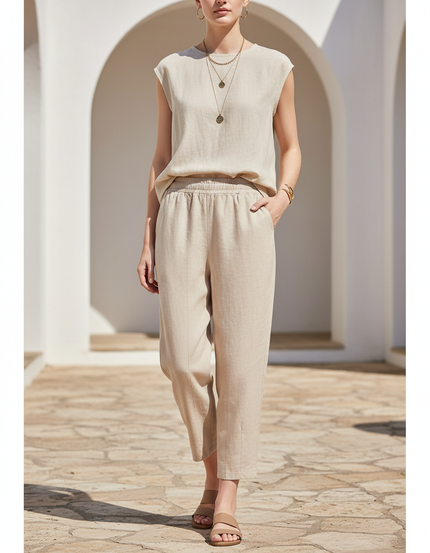 Pantalon Femme En Lin Et Coton - Beige