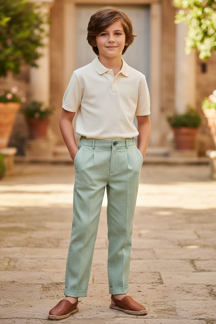Pantalon En Lin Vert Menthe Plissé Droit Enfant