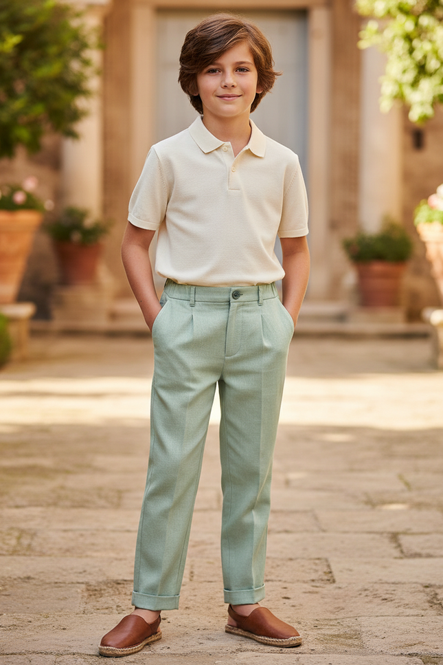 Pantalon En Lin Vert Menthe Plissé Droit Enfant