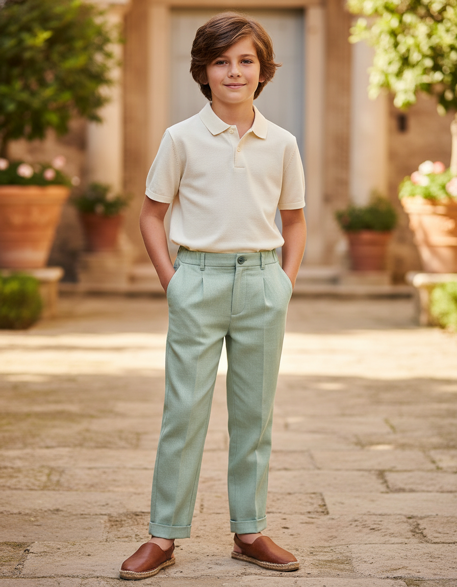 Pantalon En Lin Vert Menthe Plissé Droit Enfant
