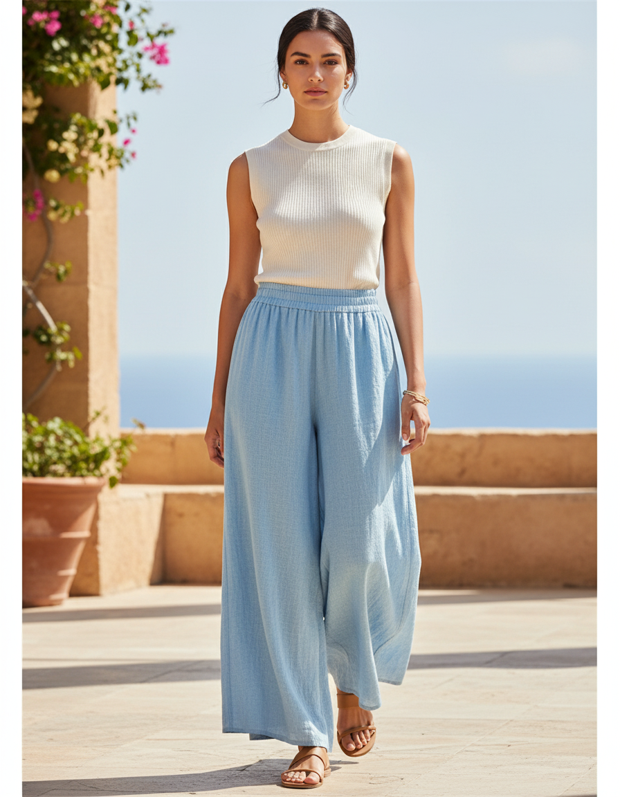 Pantalon En Lin Ample Fluide Bleu Ciel Décontracté