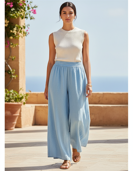 Pantalon En Lin Ample Fluide Bleu Ciel Décontracté