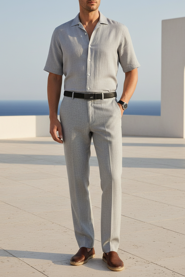 Pantalon En Lin Gris Droit Élégant Homme