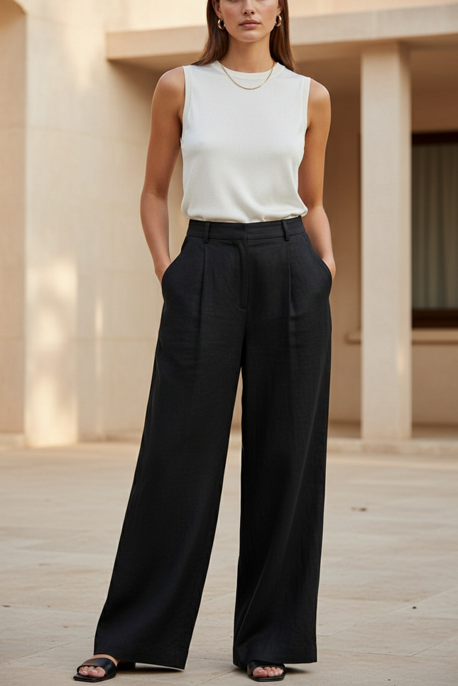 Pantalon En Lin Noir Ample Plissé Taille Haute Fluide
