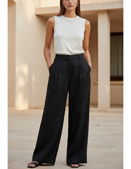 Pantalon En Lin Noir Ample Plissé Taille Haute Fluide