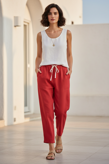 Pantalon Rouge En Lin