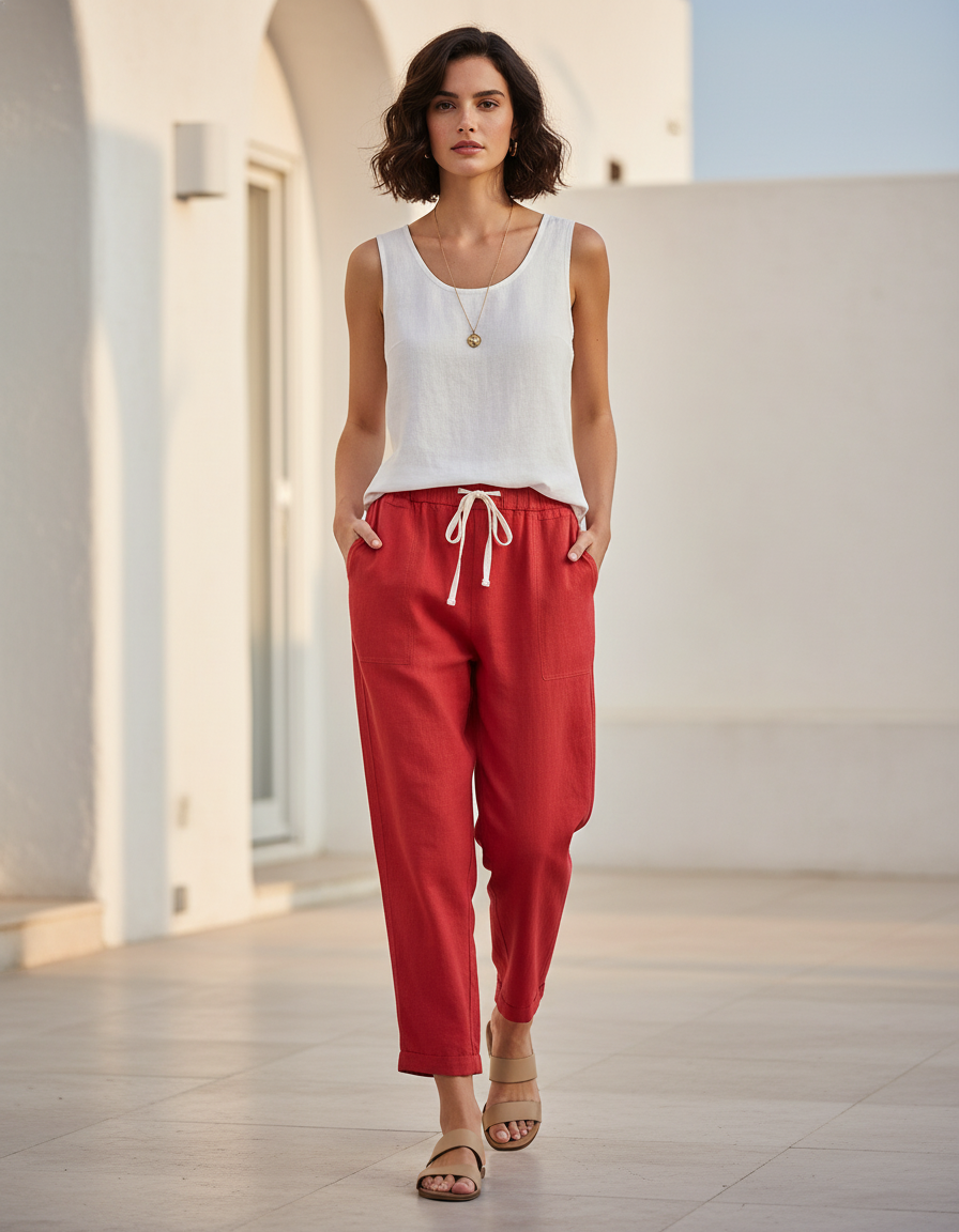 Pantalon Rouge En Lin