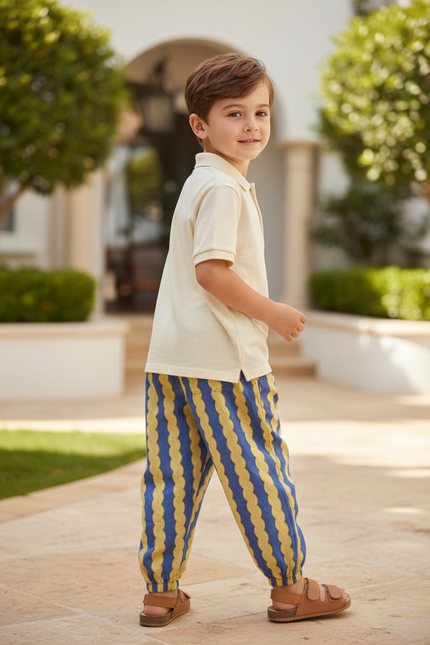 Pantalon En Lin Scallop Ondulé Bleu Jaune Enfant - Multicolore
