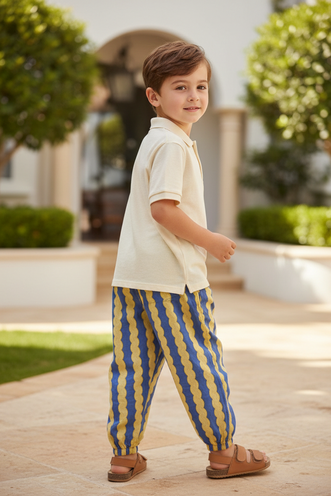 Pantalon En Lin Scallop Ondulé Bleu Jaune Enfant - Multicolore