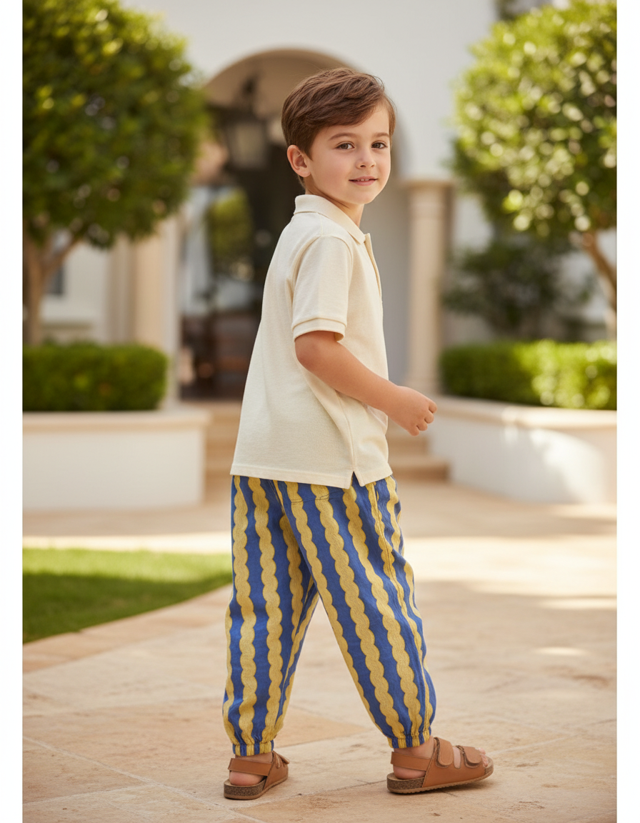 Pantalon En Lin Scallop Ondulé Bleu Jaune Enfant - Multicolore