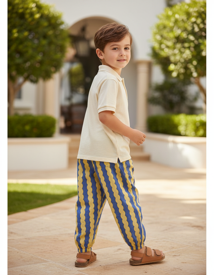 Pantalon En Lin Scallop Ondulé Bleu Jaune Enfant - Multicolore