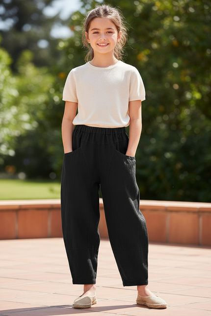 Pantalon En Lin Noir Ample Élastiqué Décontracté Fille