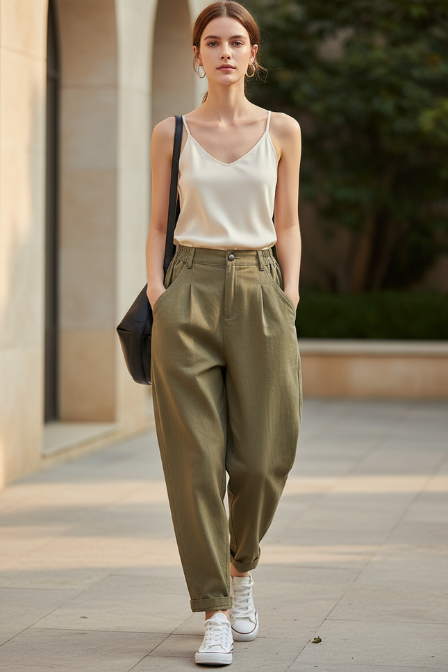 Pantalon En Lin Kaki Ample Décontracté Fluide Femme