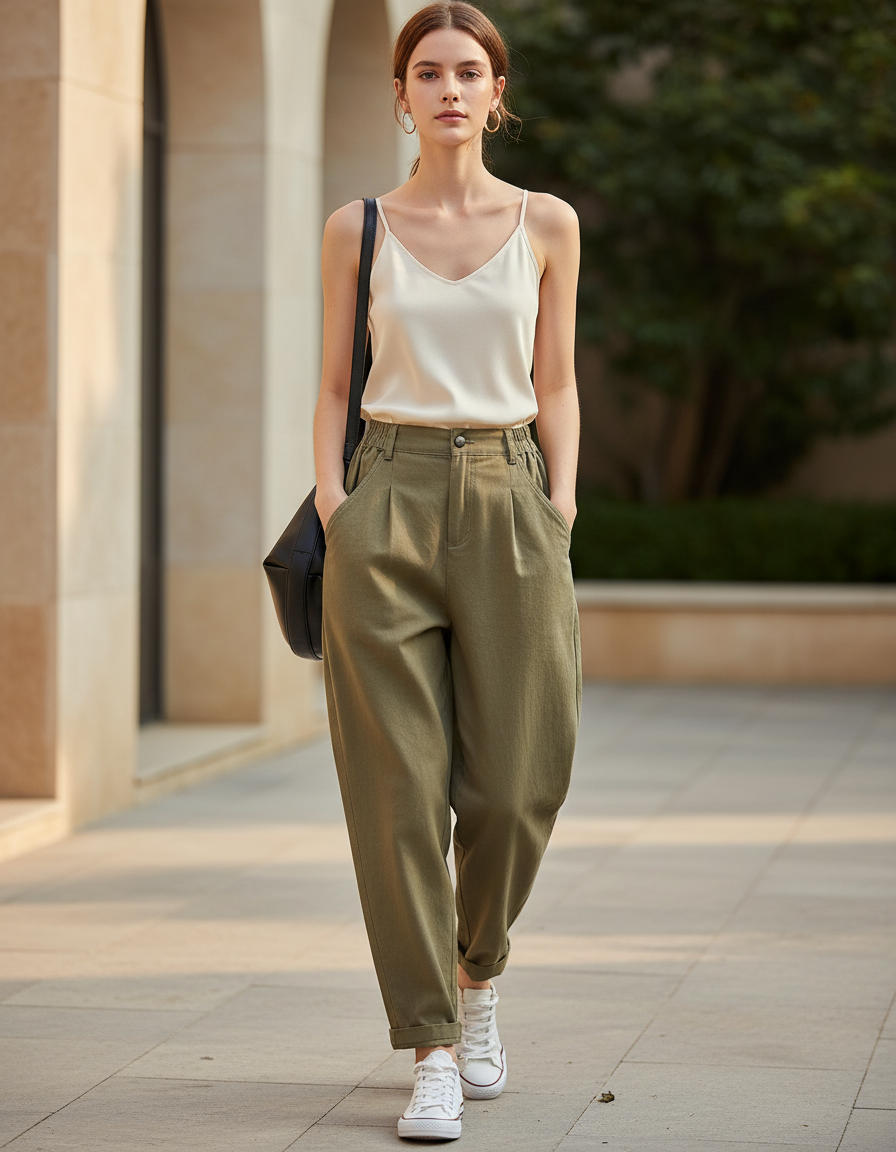 Pantalon En Lin Kaki Ample Décontracté Fluide Femme