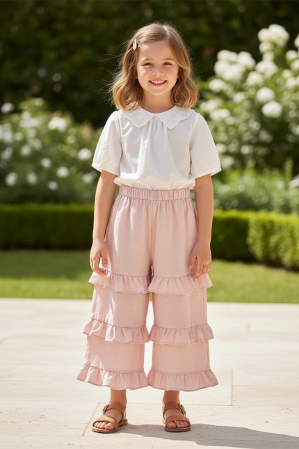 Pantalon En Lin Rose Volants Fille Confortable Décontracté