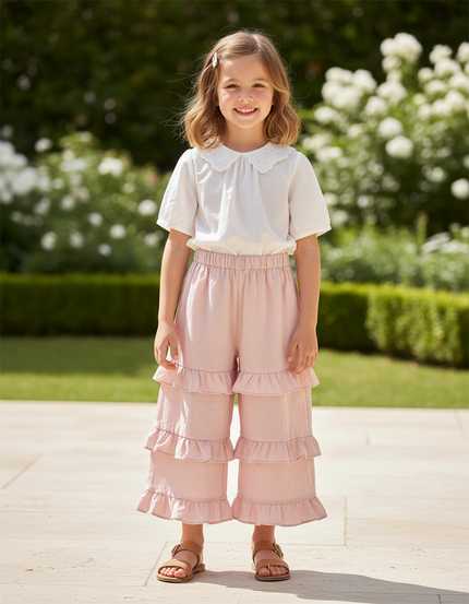 Pantalon En Lin Rose Volants Fille Confortable Décontracté