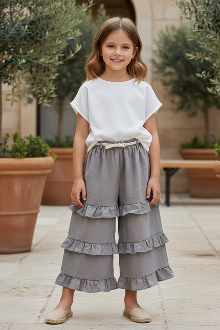 Pantalon En Lin Gris Volants Fille Confortable
