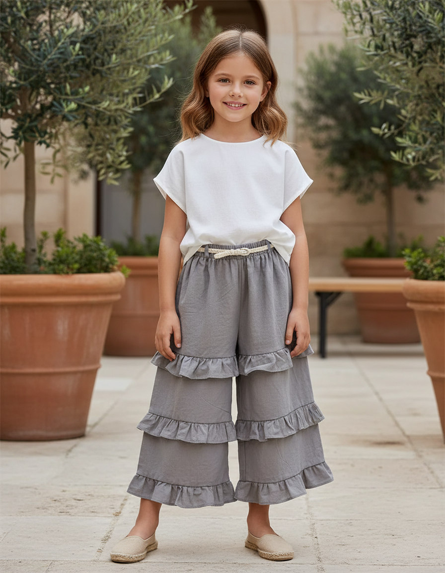 Pantalon En Lin Gris Volants Fille Confortable
