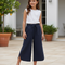 Pantalon En Lin Bleu Marine Ample Casual Fille
