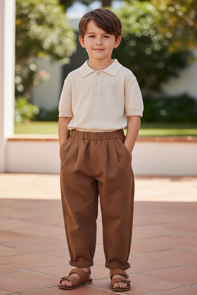 Pantalon En Lin Plissé Marron Ample Garçon Décontracté