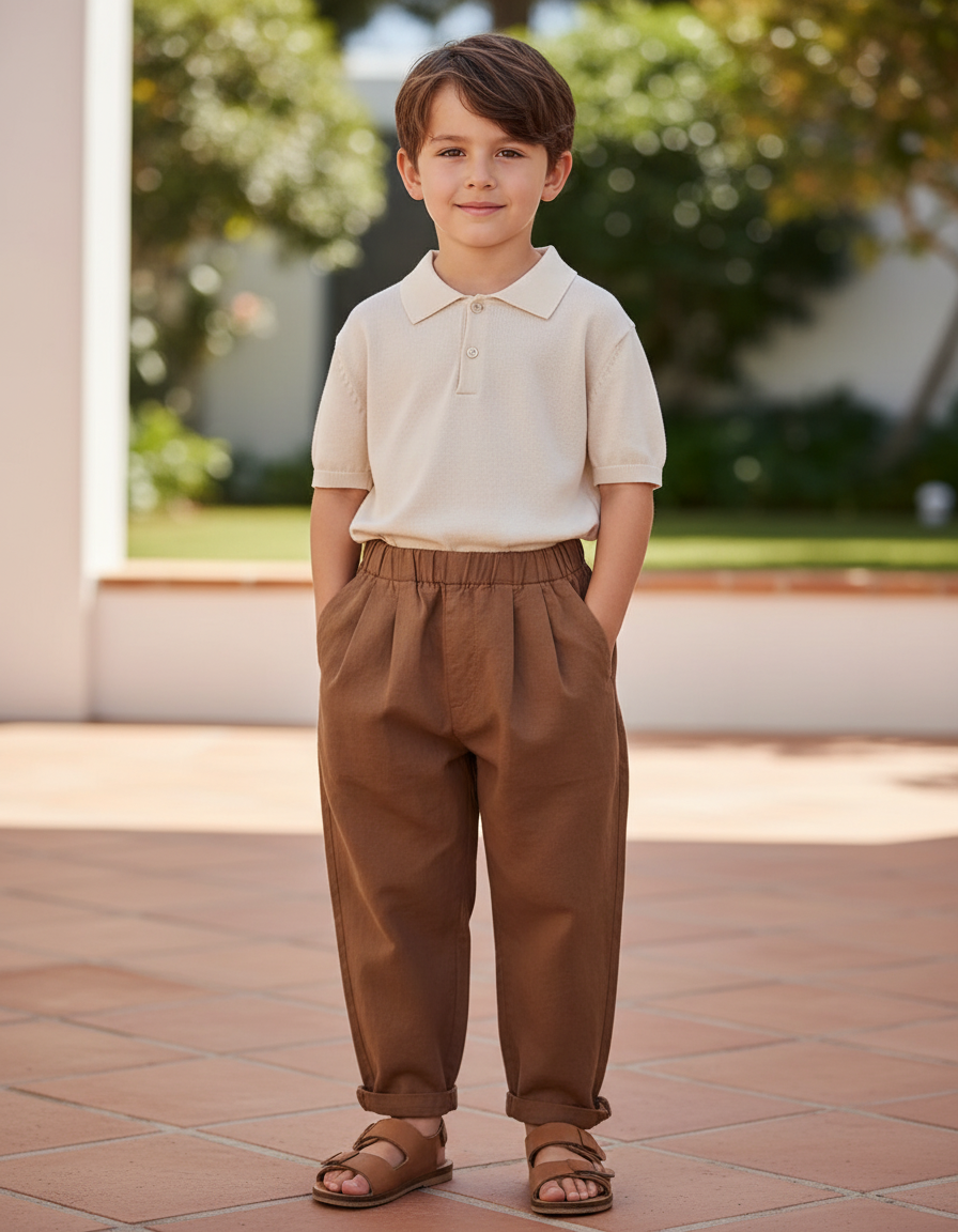 Pantalon En Lin Plissé Marron Ample Garçon Décontracté