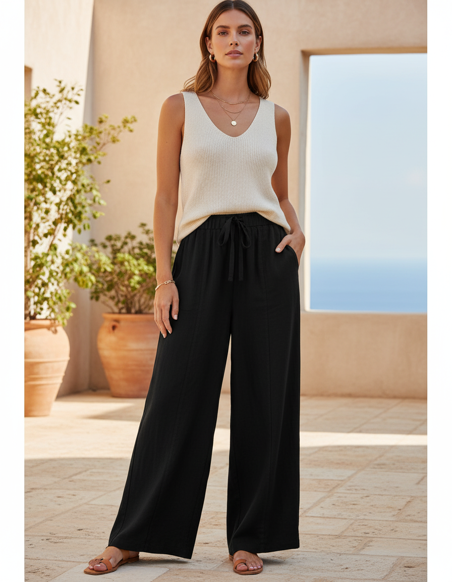 Pantalon En Lin Noir Ample Décontracté Fluide Taille Haute