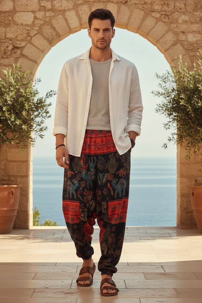 Pantalon En Lin Harem Ample Imprimé Ethnique Bohème
