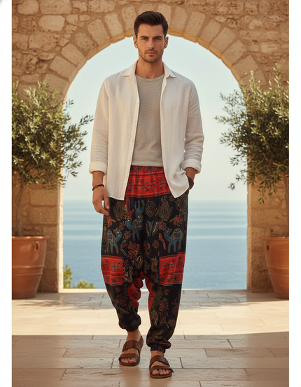 Pantalon En Lin Harem Ample Imprimé Ethnique Bohème
