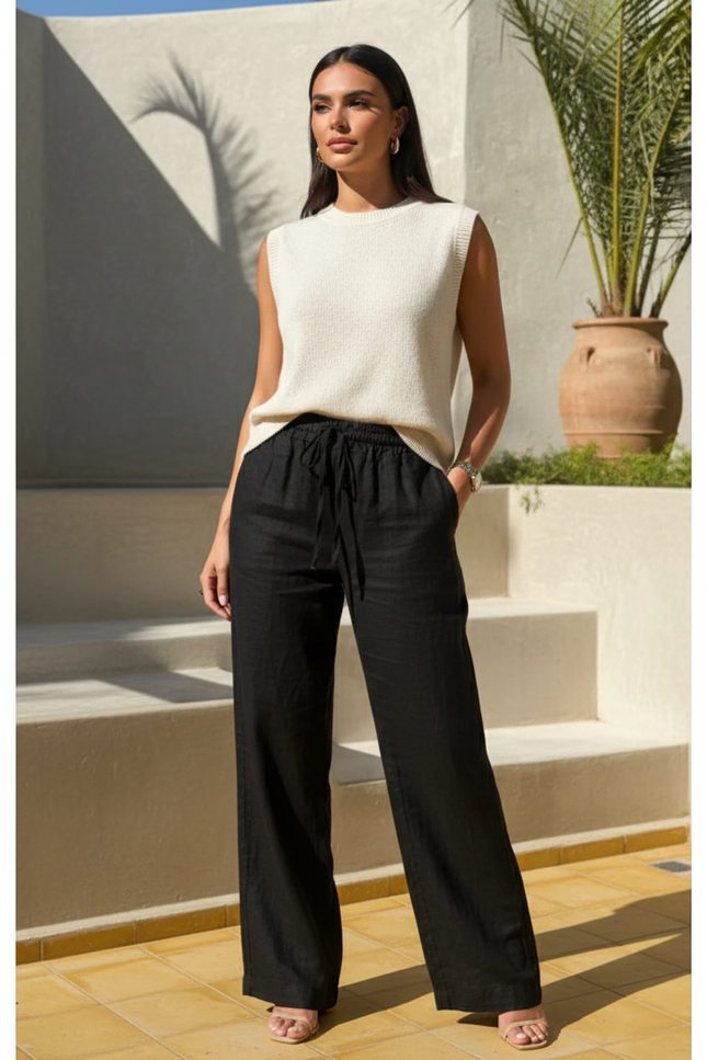 Pantalon En Lin Femme Noir Coupe Ample Casual