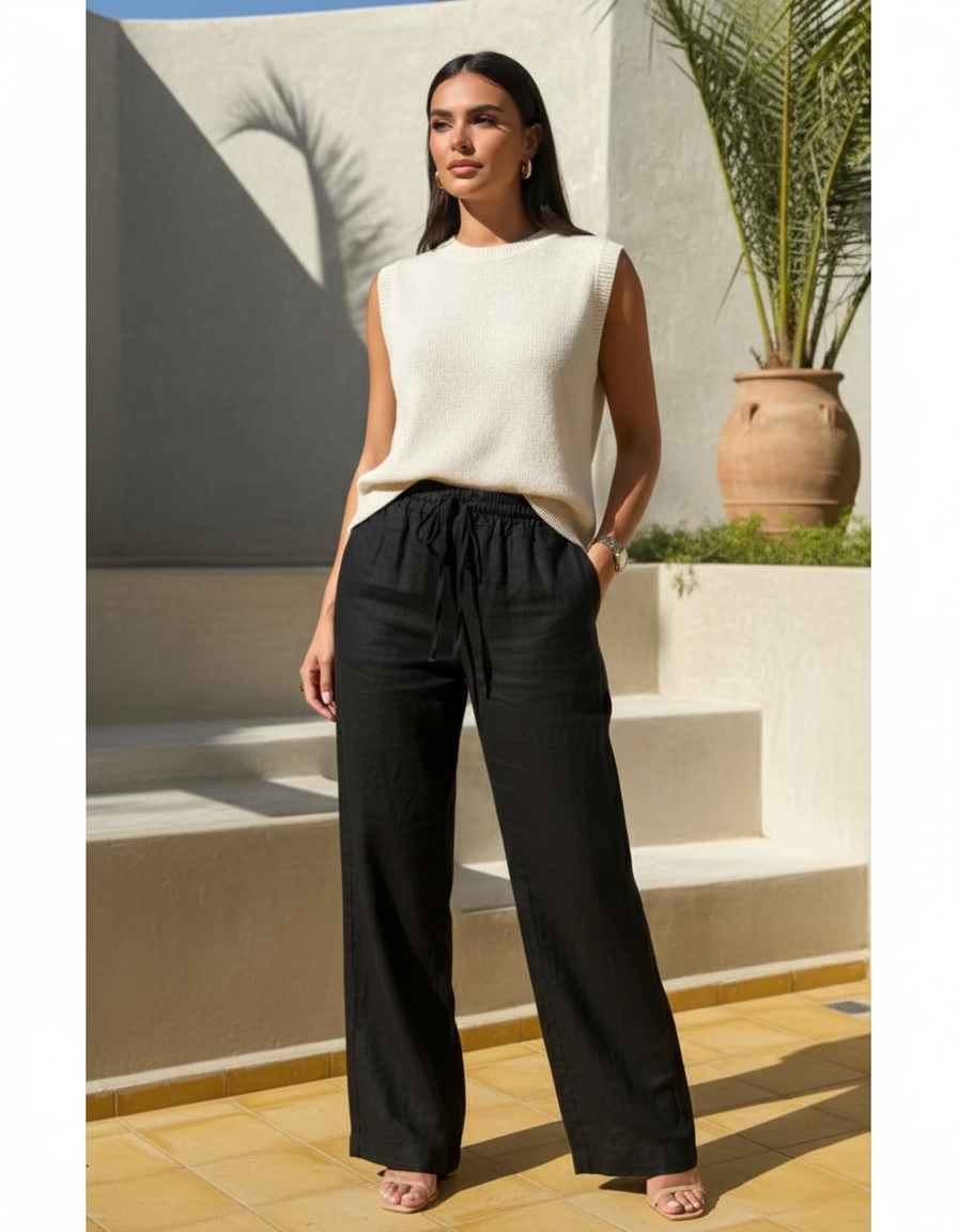 Pantalon En Lin Femme Noir Coupe Ample Casual
