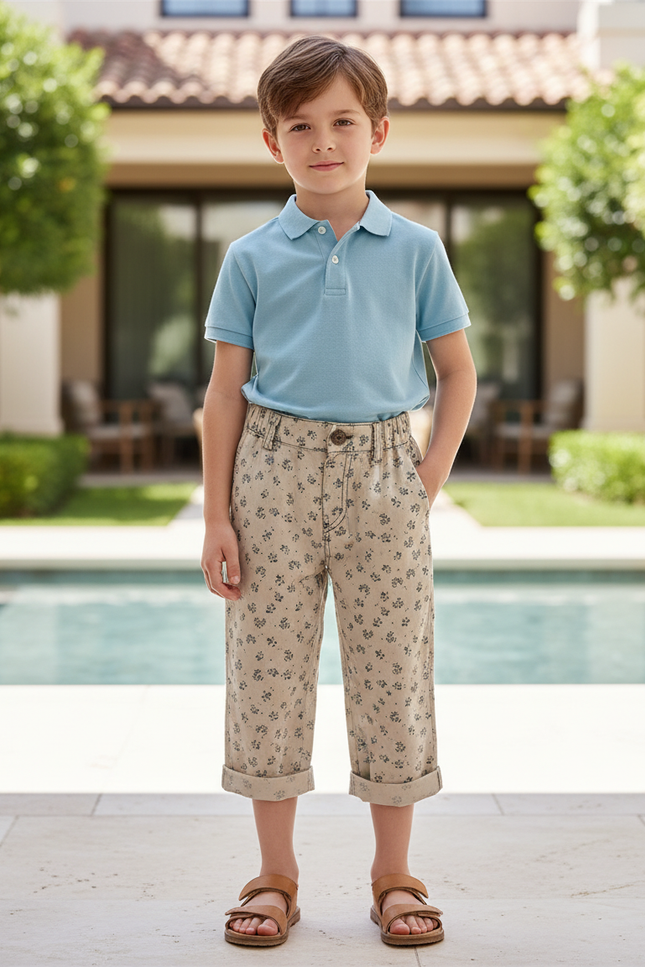 Pantalon En Lin Beige Floral Ample Enfant