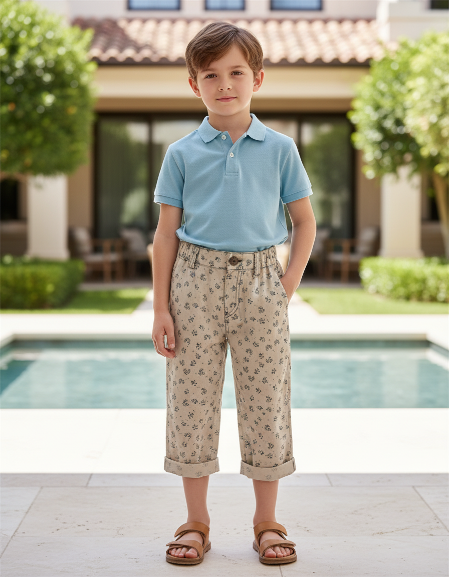 Pantalon En Lin Beige Floral Ample Enfant