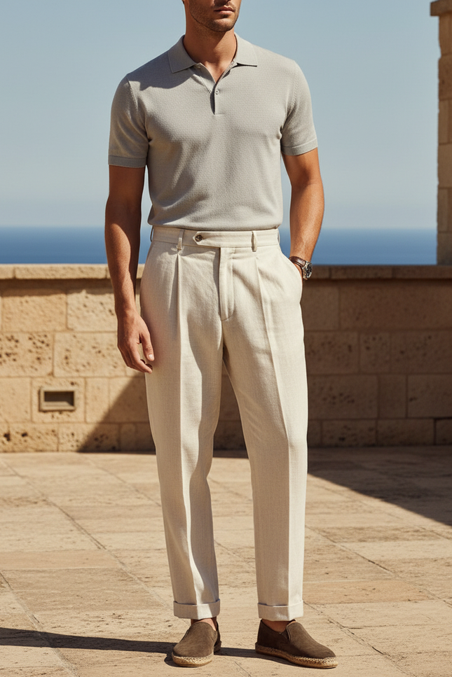Pantalon En Lin Homme Plissé Beige Clair Décontracté Élégant