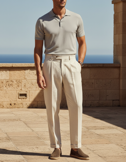 Pantalon En Lin Homme Plissé Beige Clair Décontracté Élégant