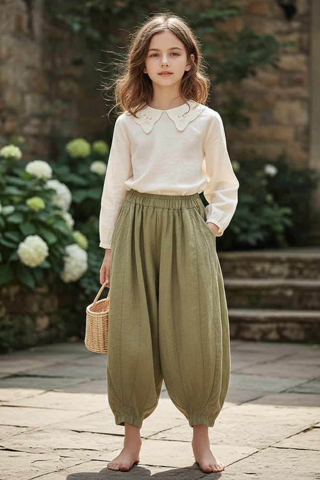 Pantalon En Lin Vert Citrouille Bohème Ample Décontracté - Kaki