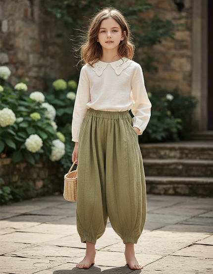 Pantalon En Lin Vert Citrouille Bohème Ample Décontracté - Kaki