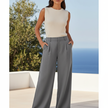 Pantalon En Lin Gris Large Décontracté Fluide Élégant