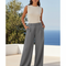 Pantalon En Lin Gris Large Décontracté Fluide Élégant