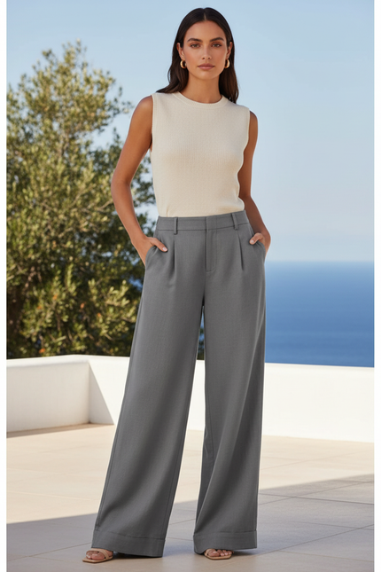 Pantalon En Lin Gris Large Décontracté Fluide Élégant